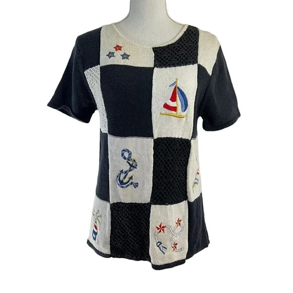 Jenny Nautical Metallic Embroidered Vintage Sweater Small Crochet Patchwork Knit - Picture 1 of 11